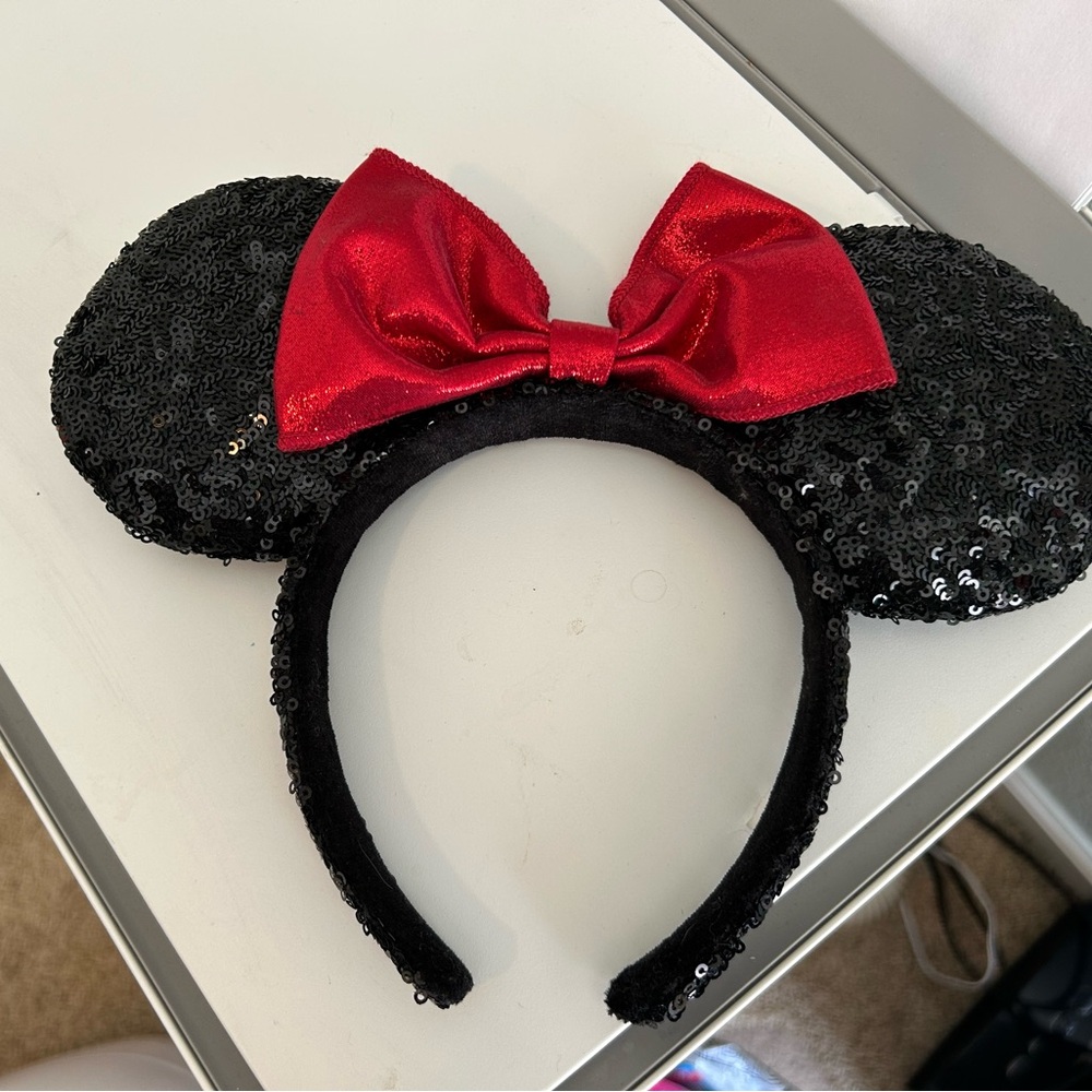 Black Minnie Mouse Sequin Ears with Red Bow Headband